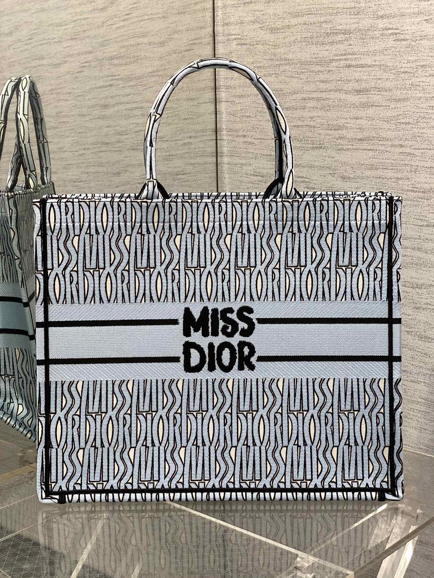 Large Dior Book Tote Bag Pale Blue and Black Miss Dior Allover Embroidery